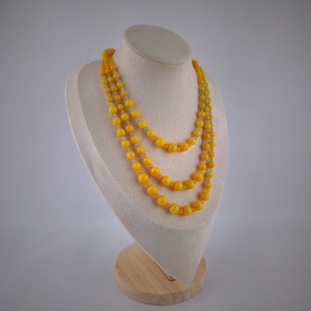 Vintage Graduated Yellow Stone Look 5 Strand Necklace Green Accent Beads - Picture 12 of 13